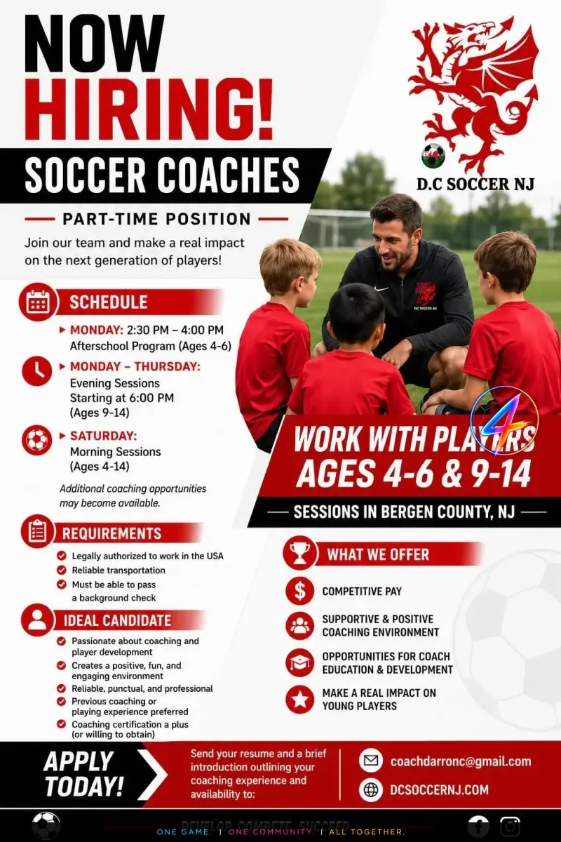 Part-Time Soccer Coaches Wanted – Bergen County, New Jersey (USA)